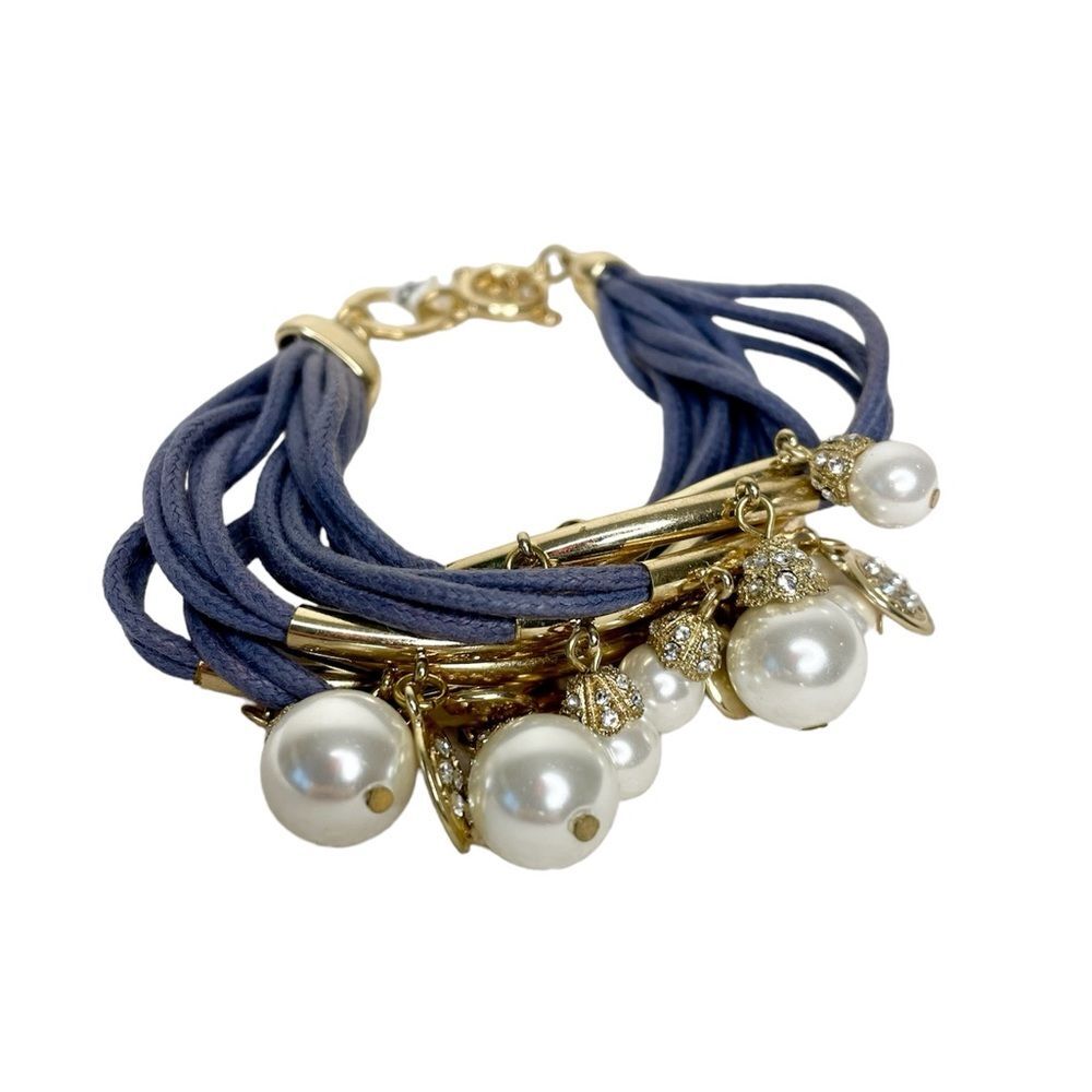 Corded Bracelet Multi Strand Faux Pearls Clear Crystal New Unbranded Gold Tone